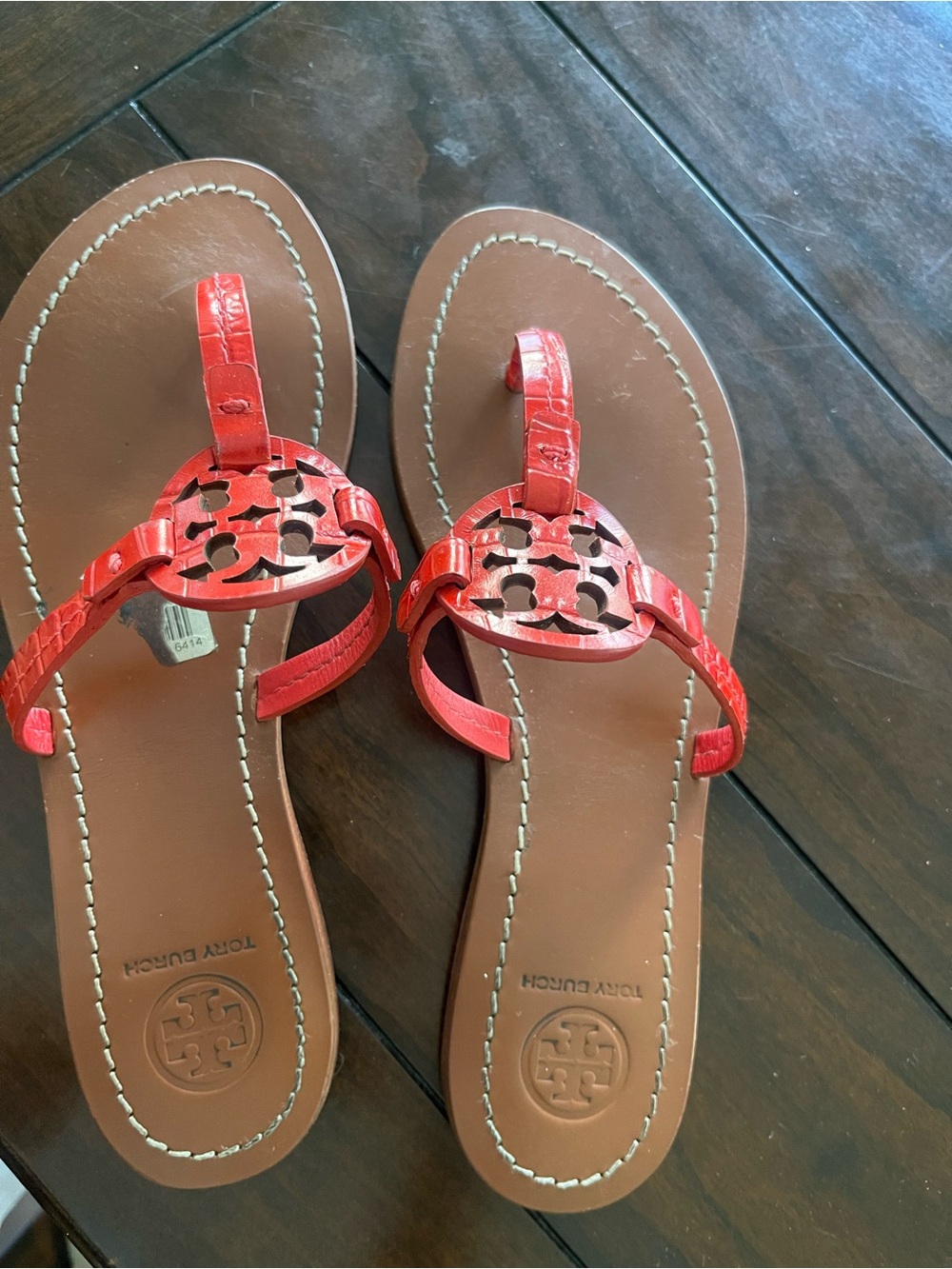 Tory Burch Red Logo Thong Sandals with Brown Footbed
